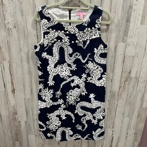 Lilly Pulitzer Florida Shift Button Neck Dress Women 4 True Navy Tail Lights